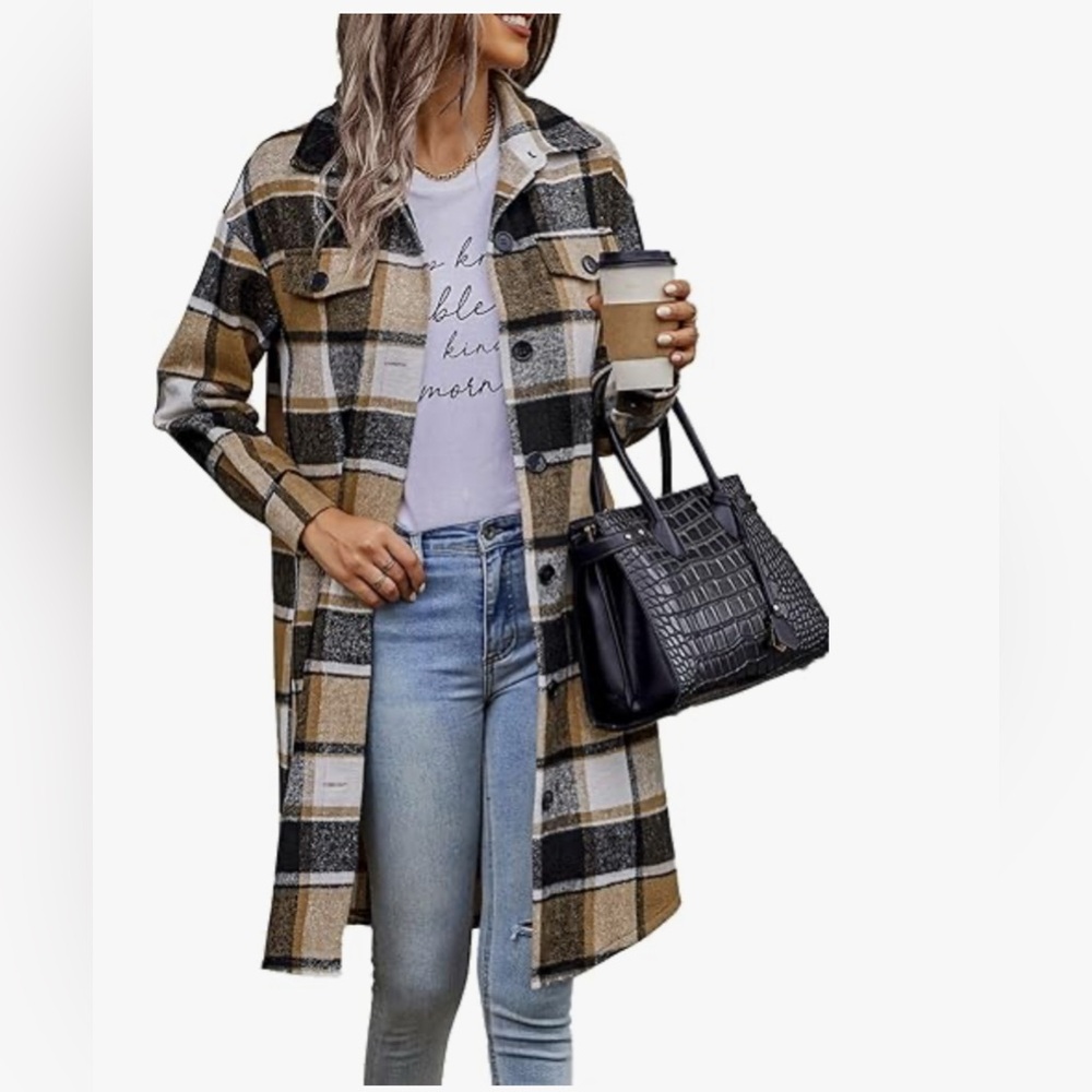 Women's Plaid Long Shacket Coat with Pockets Multicolor Size M